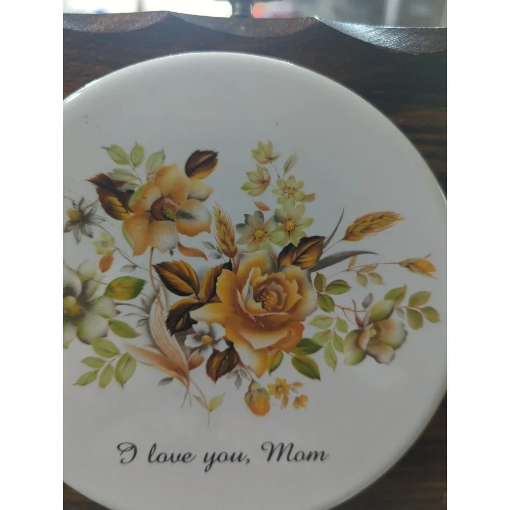 Vintage Wood Wall Plaque Rose Floral White Ceramic Tile I Love You, Mom